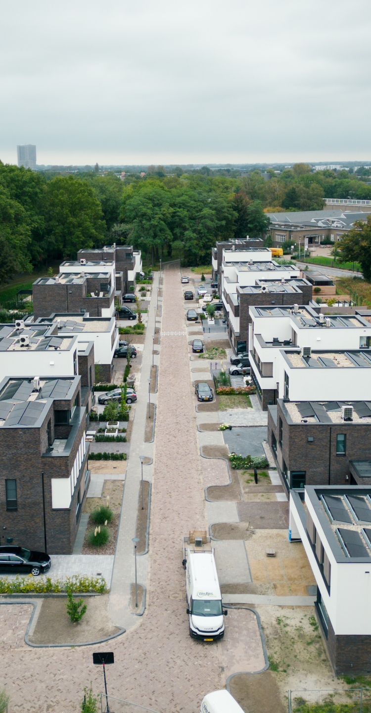 Straat met vierkante woningen, omringd door bos in Apeldoorn